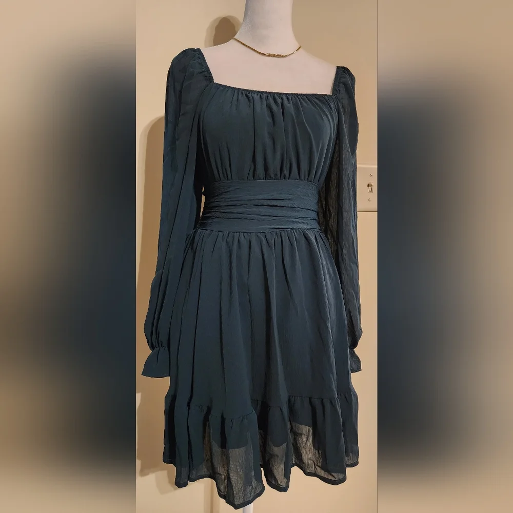 NWT Women's Peacock Blue Boho Ruffle Dress Long Lantern Sleeves Size S - Picture 14 of 15